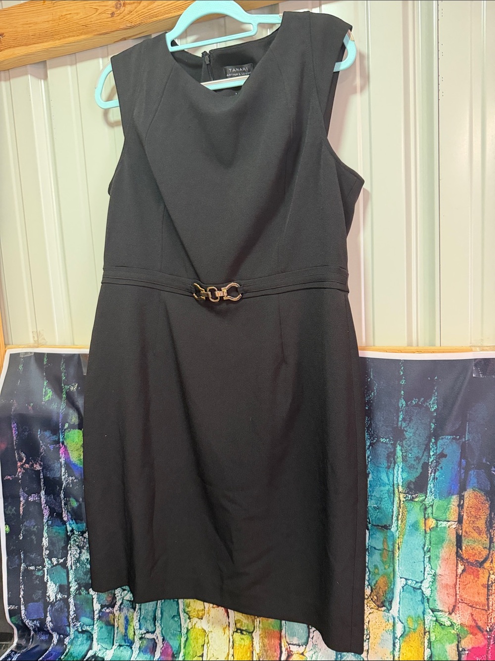 Tahari Black Sleeveless Sheath Dress with Gold Buckle
